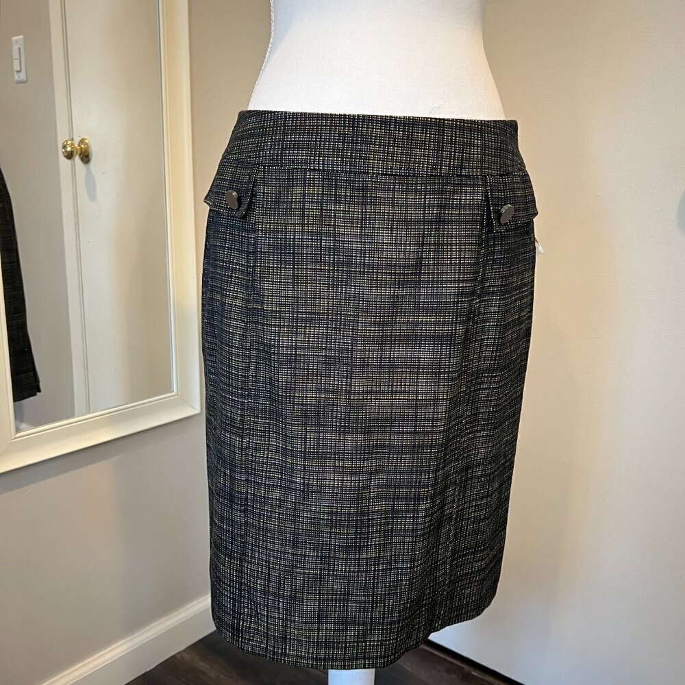NWT Tahari ASL Black/Canary/White Leigh Plaid Pencil Skirt, Size 8